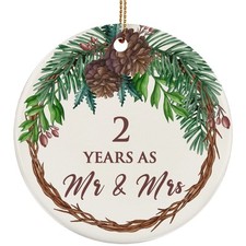 2 Years As Mr  Mrs 2025 Ornament 2nd Anniversary Flower Wreath Christmas Gift