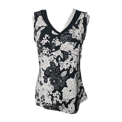 New Directions Black & White Floral Print Stretch Knit Sleeveless Top Large L