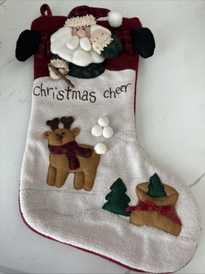 Vintage Stocking 3D Embroidered Cream-Red Santa ''Christmas Cheer SEE PICTURES