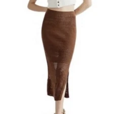 FREE PEOPLE NEW! Chocolate Brown Crochet Knit Pull On Straight Midi Skirt Sz XS