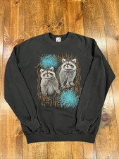 VTG Jerzees Raccoon Sweatshirt Adult XL Black Crew Nature Animal Graphic USA