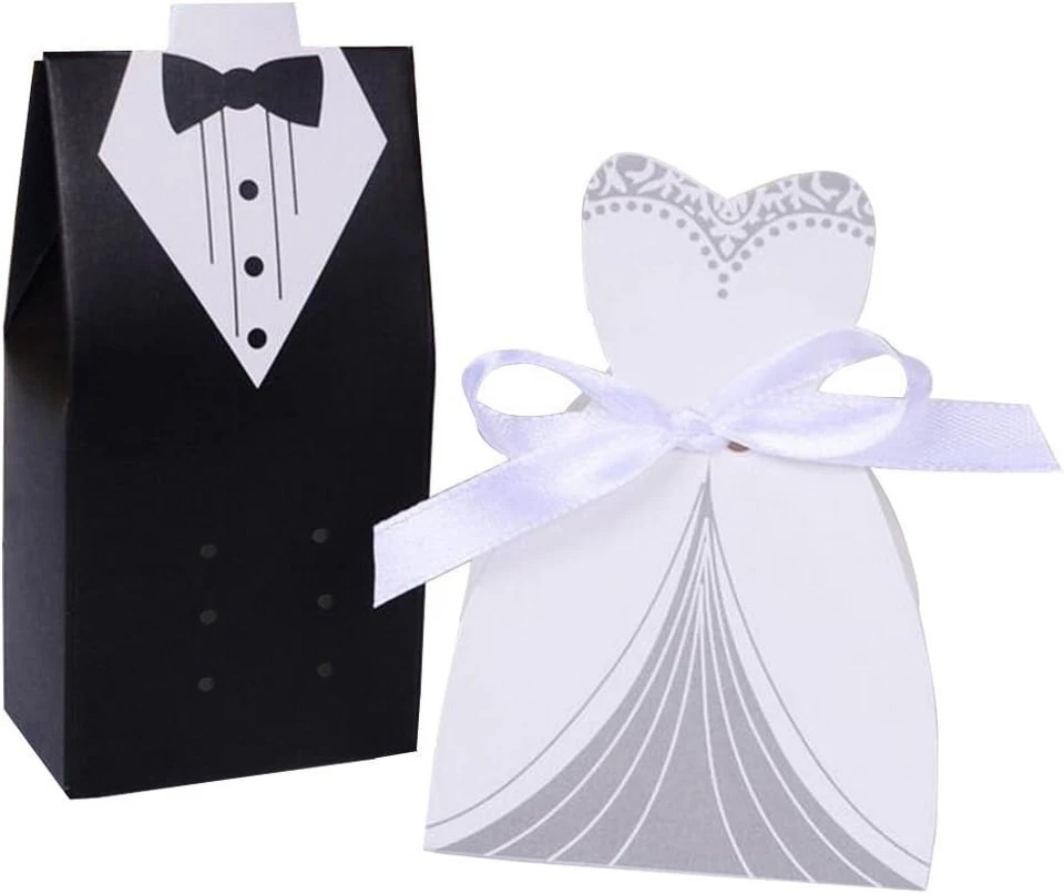 Elegante Pack de 100 Cajas para Favoritos de Boda - Diseño de Esmoquin y Vestido, Blanco y Negro Foto 3 de 4