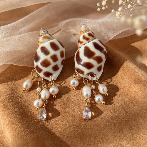 Fresh Water Pearl sea snail Dangle Earring Long Tassel Zircon Drop Earrings