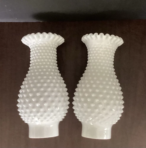 Vintage 7.5” Pair Fenton Milk Glass Hobnail Hurricane Lamp Globes 2” Fitter