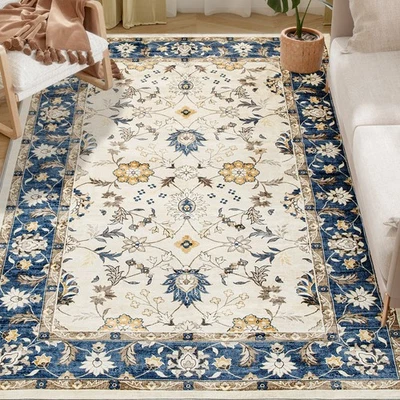 HOMCOM Machine Washable Area Rug 4x6, Boho Floral Print Carpet, Blue