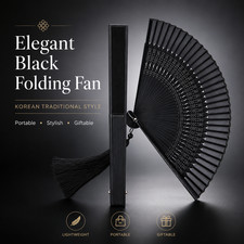 Korean Traditional Folding Hand Fan Black Bamboo Fan with Tassel