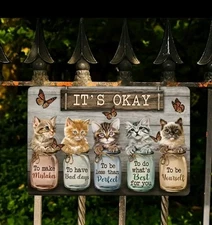 Cute Cat Metal Wall Sign 12x8 Its Okay Quote Rustic Home Decor Gift for Cat Love