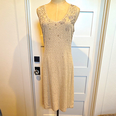 St. John Evening Gold Beaded Knit V-Neck Sheath Dress 4 Sleeveless Knee
