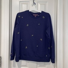 Gloria Vanderbilt embroidered Lemons Navy Blue Womens Floral Sweatshirt LARGE