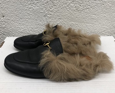 GUCCI 7.5 US 37.5 EU Princetown Fur Mule Horsebit Loafer Leather Black BB50