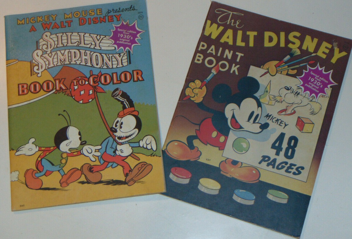 2 VINTAGE WALT DISNEY COLORING BOOKS! MICKEY MOUSE/SILLY SYMPHONY
