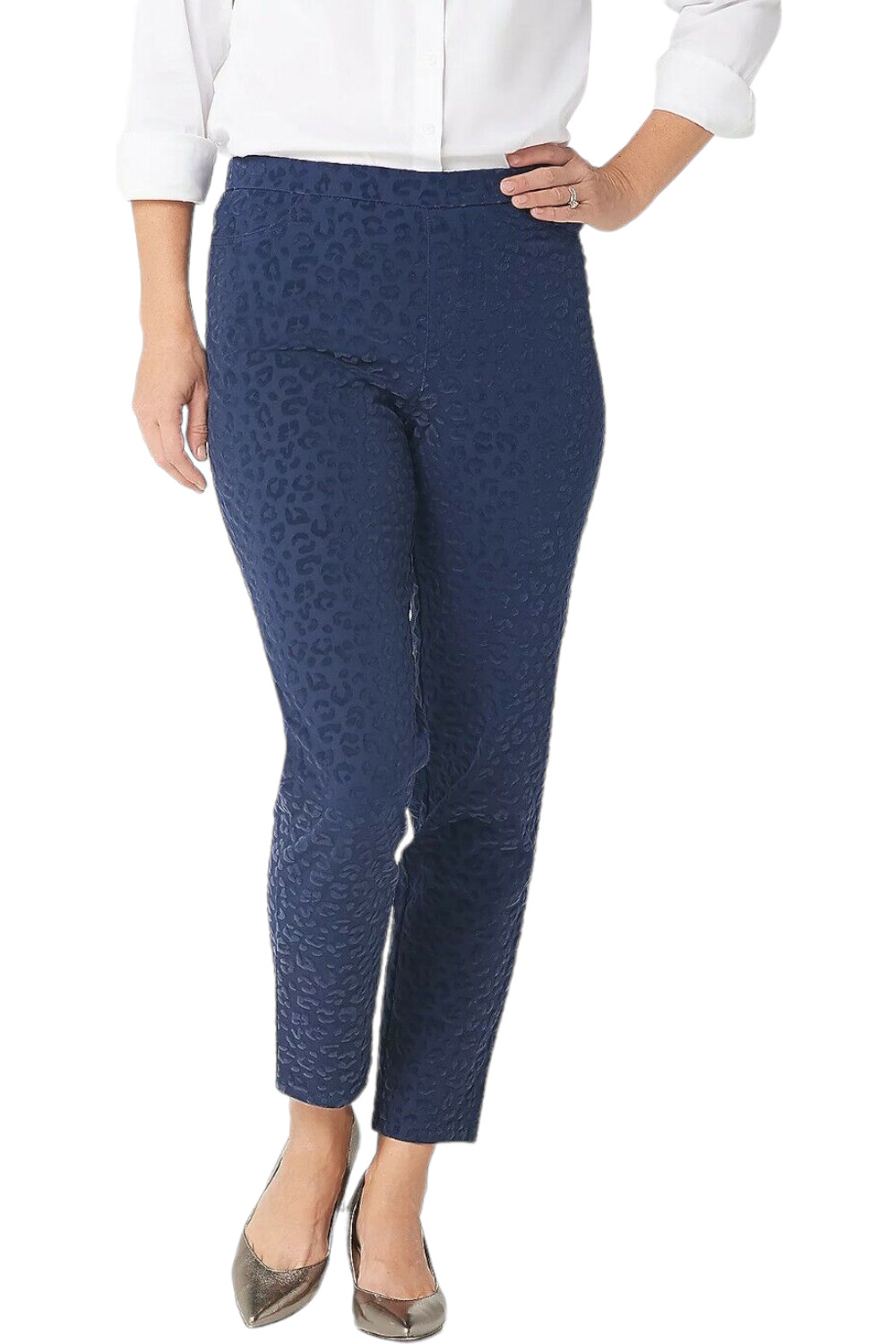 Isaac Mizrahi Live! 24/7 Stretch Flocked Leopard Slim-Leg Pants Navy