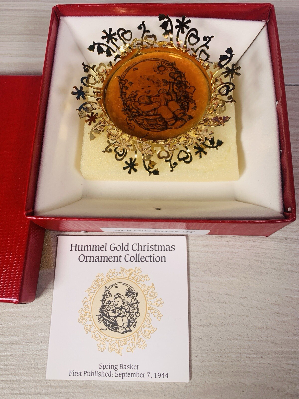Vintage “ Spring Basket “ THE HUMMEL GOLD CHRISTMAS ORNAMENT COLLECTION