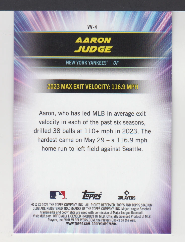 AARON JUDGE - MLB - 2024 -TOPPS STADIUM CLUB VIRTUOSOS OF VELOCITY - No # VV-4 - Image 2 of 2