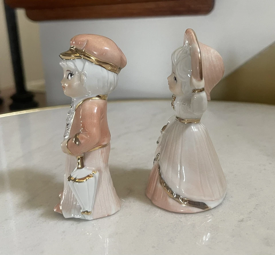 Estatuillas de porcelana vintage de melocotón elegancia artesanía regalo niña y niño acento dorado Foto 3 de 4