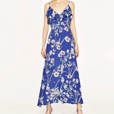 Zara Woman Blue Floral Strappy Dress Ruffled Size Small | eBay Zara Woman Blue Floral Strappy Dress Ruffled Size Small | eBay