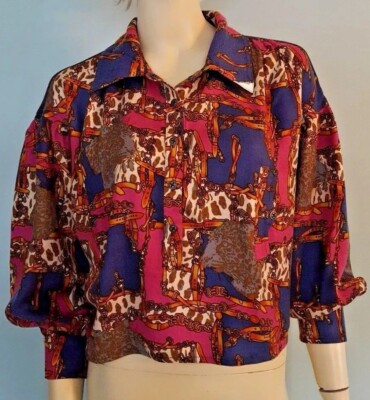 Line & Dot Chain Buckle Design Shirt Sz S Half Button Pink Blue Gray NWT!