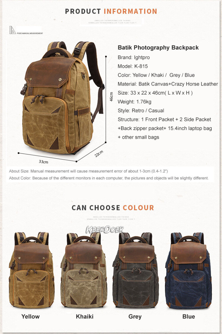Sac Appareil Photo SYF&DJN - Cuir Véritable, Toile Batik | Pour Sony, Nikon, Canon DSLR
