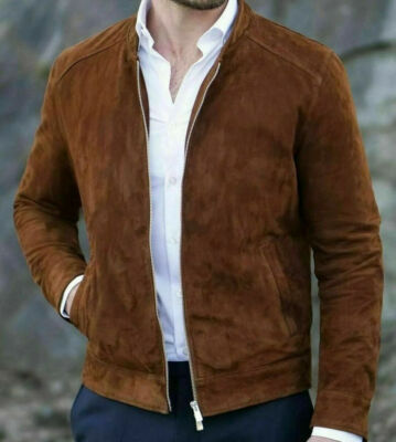 Neues Herren Braunes Wildleder Jacke Weich Schafsfell Slim Fit Motorradjacke