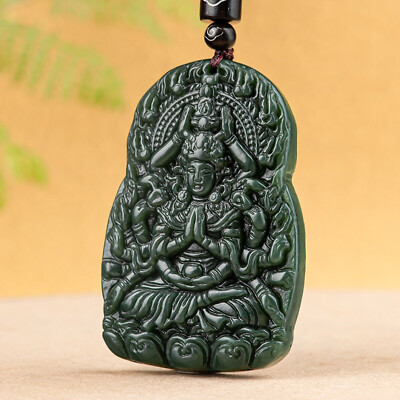 Natural Black Jade Men Women Lucky Patron Saint Thousand-handed Guanyin Pendant