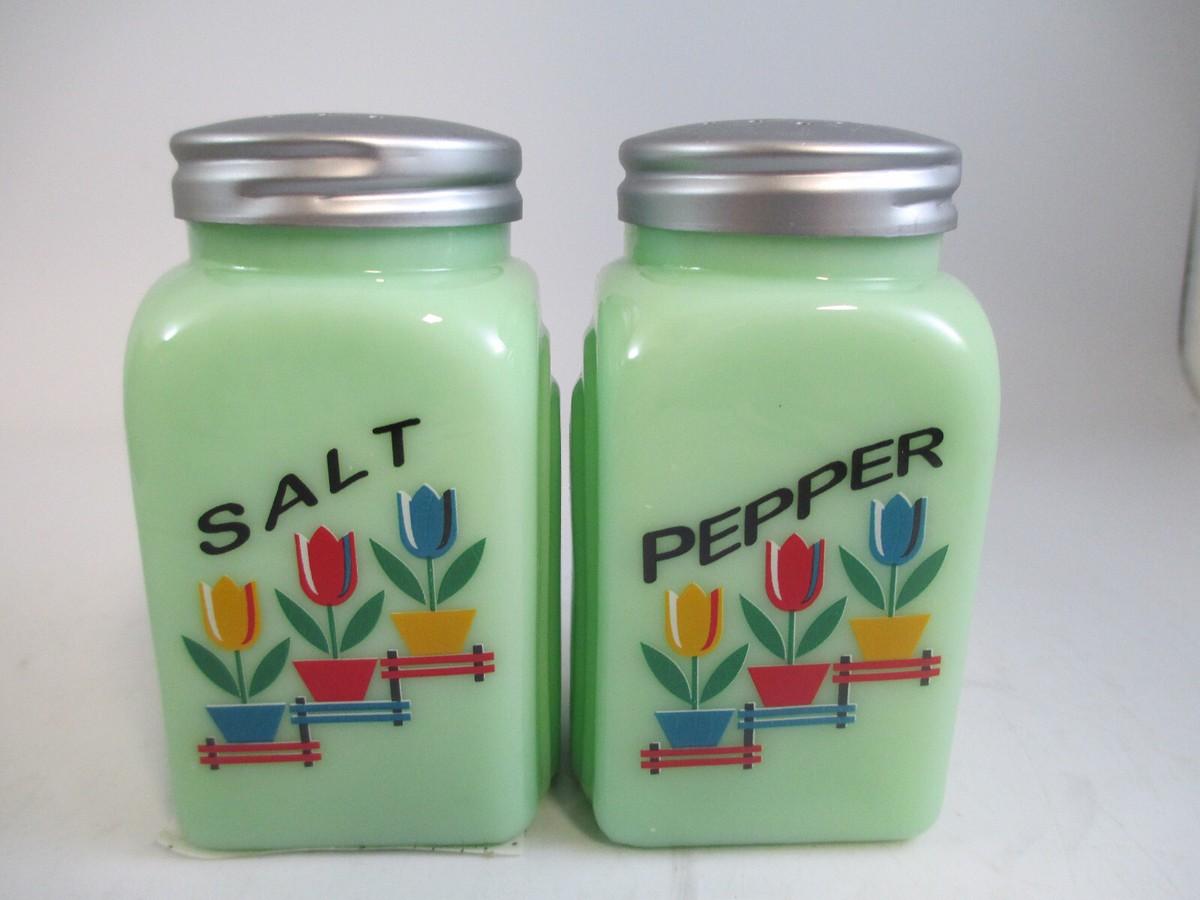 調味料入れ・ラベル VINTAGE JADEITE SALT&PEPPER Jadeite Arch Salt Pepper Set Tulips Green Retro Reproduction Mid