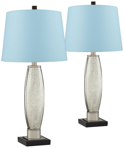 Landro Modern Table Lamps 27.5" Tall Set of 2 Mercury Glass Blue Hardback Shade