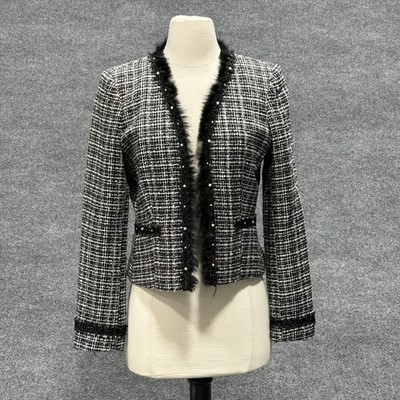 Ellen Tracy Jacket Womens 4 Black White Tweed Pearl Trim Open Front Blazer Chic