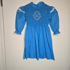 VINTAGE Polly Flinders Hand Smocked Bright Blue Dress Size 5 Style 44077