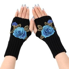 Women Rose Flower embroidery Winter Fingerless Gloves Blue Flower-black Gloves