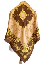 Vintage Baroque Print Scarf Gold Chains  Medallions Brown Pink Silk Look A13