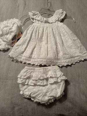 Shabby Chic Baby Girl 3 Piece Dress Embroidered Lace Sleeve Bow Occasion 6-9 Mos