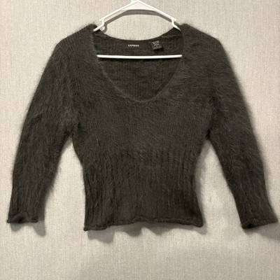 Vintage Y2K Express Angora Rabbit Hair Deep Green Fuzzy Soft Sweater Small