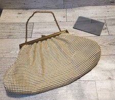 Vtg Whiting And Davis Cream Metal Mesh Purse With 2 Sided Mirror Formal Wedding