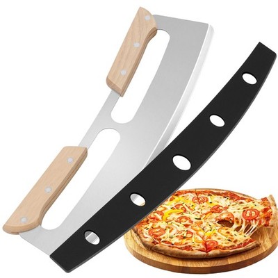 14'' Pizza Cutter Rocker with Wooden Handles - Sharp Stainless Steel Pizza Slice