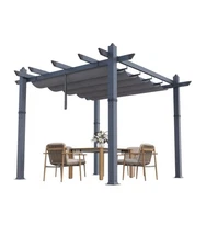 Retractable Canopy Pergola 10x10FT Aluminum Faux Wood Patio Gazebo Grape Trellis