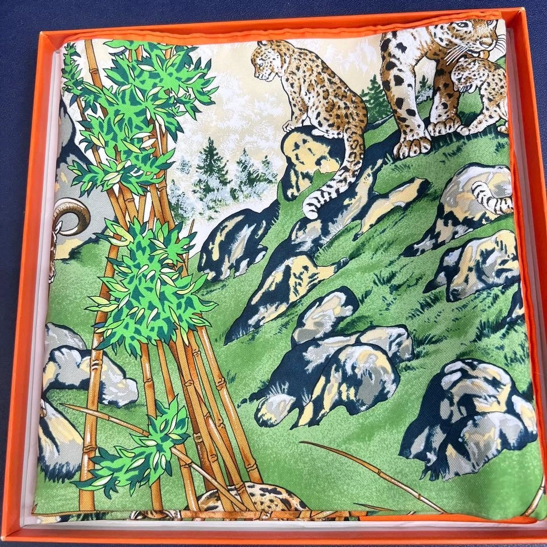 Hermes — HERMES Silk Scarf Animal Bamboo Print Orange Green France 35in SR1610