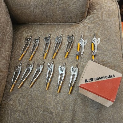 Vintage Metal Drafting Compass Compasses Box of 13 A&W Products USA School Class