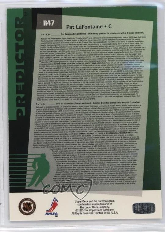 1994-95 Upper Deck Predictor Retail Pat LaFontaine #R47 HOF - Image 2 of 2