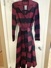 J. Peterman 1947 Burgundy Black 3/4 Sleeve Shirt Dress 100% Cotton Size 14 NWT