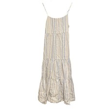MADEWELL Off White Blue Striped Linen Midi Farmhouse Spaghetti Strap Dress sz 4