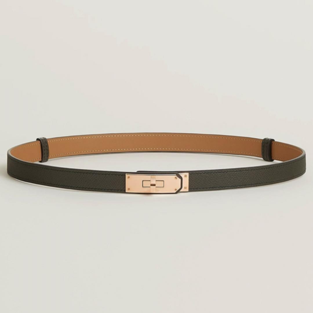 HERMES Kelly Belt in Noir with Pink Gold Hardware