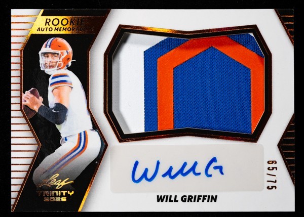 Will Griffin Auto 65/75 2026 Leaf Trinity Rookie Memorabilia Florida Gators