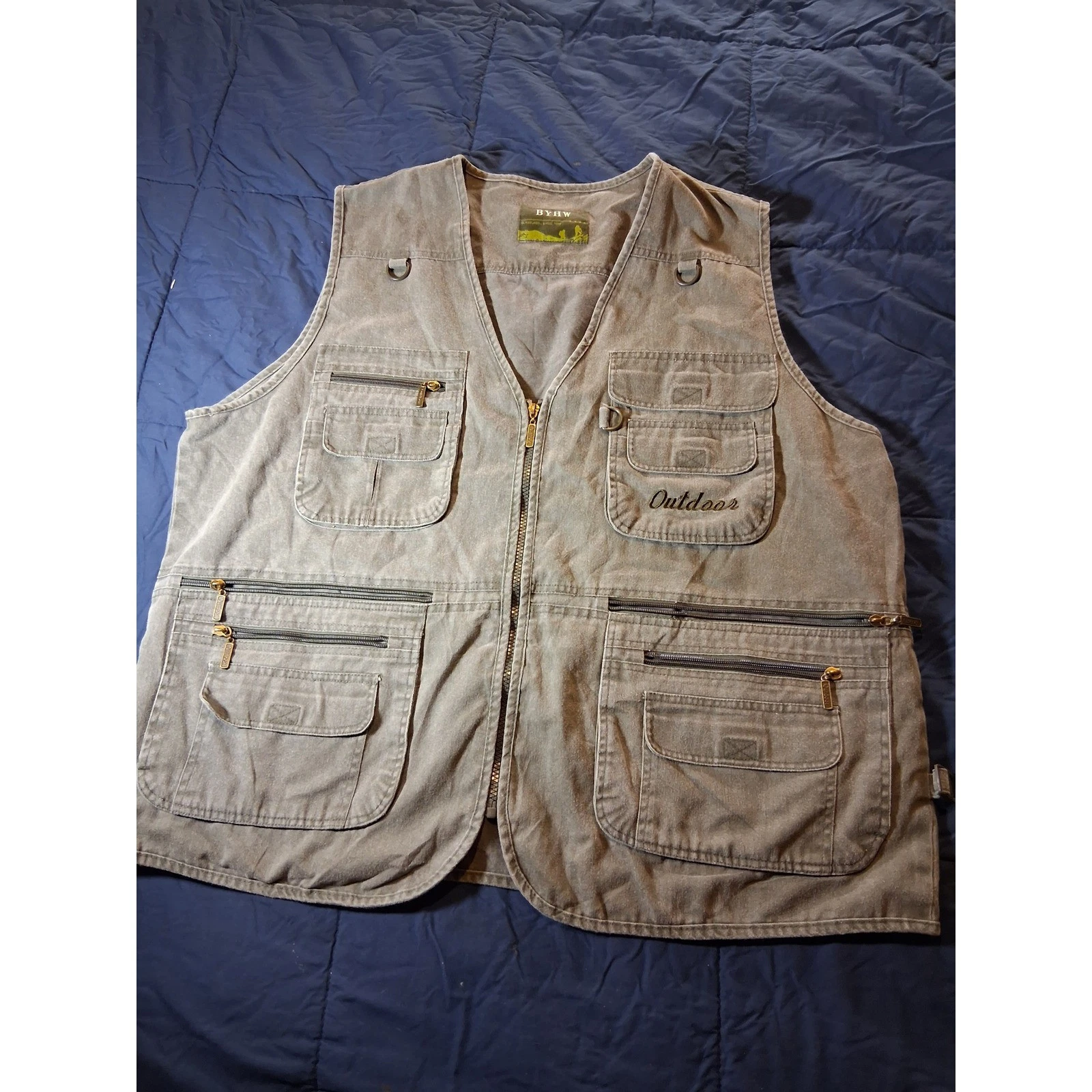 BYHW Mens Outdoor Utility Fishing Vest Multi Pocket Green Khaki Full Zip XL