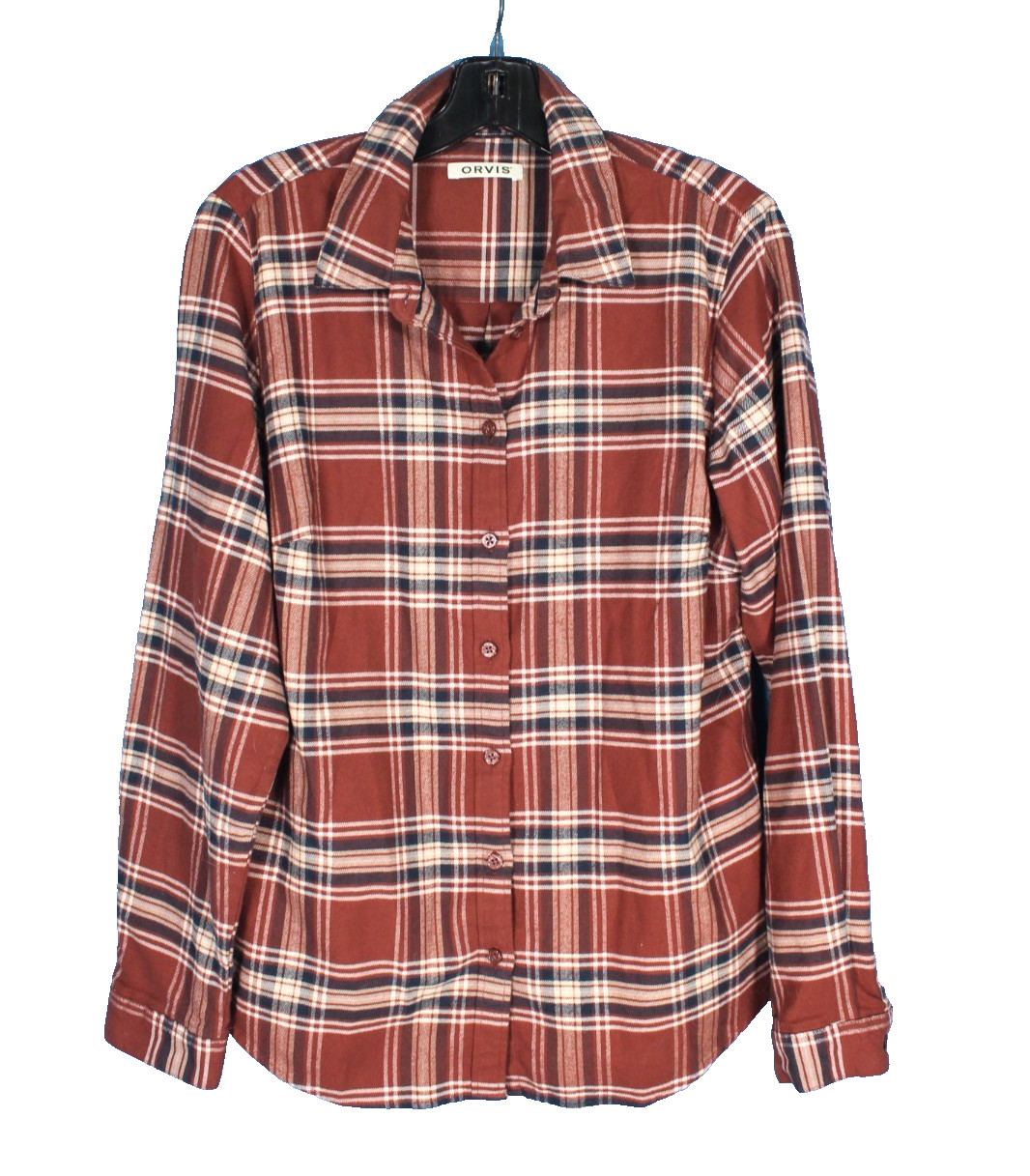 ORVIS Women's BROWN/NAVY PLAID Lightweight FLANNEL Button-Up SHIRT/TOP Sz M