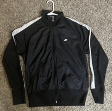 Nike Men s Track Jacket Black White Stripe Arms Full Zip Swoosh Size Medium Used