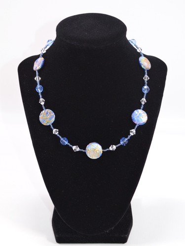 Vintage Beaded Necklace w/ Round Blue Flat Beads with Gold Color Accent 18.5"