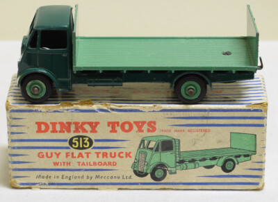 DINKY #513 GUY FLAT TRUCK W/ TAILBOARD, DK GREEN/MID-GREEN-VG/EXC, FAIR/GOOD BOX