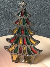 VINTAGE STAINED GLASS CHRISTMAS TREE VOTIVE HOLDER CAST IRON CRACK SEE PICS