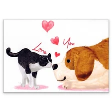 Cute VALENTINE'S DAY Card, Cat Dog Perfect Pair Masaki Ryo Original - Caspari +✉
