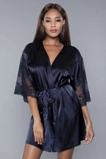 Womens Grace Short Sleeve Sheer Floral Lace front Tie Satin Belt Nightwear Robe
